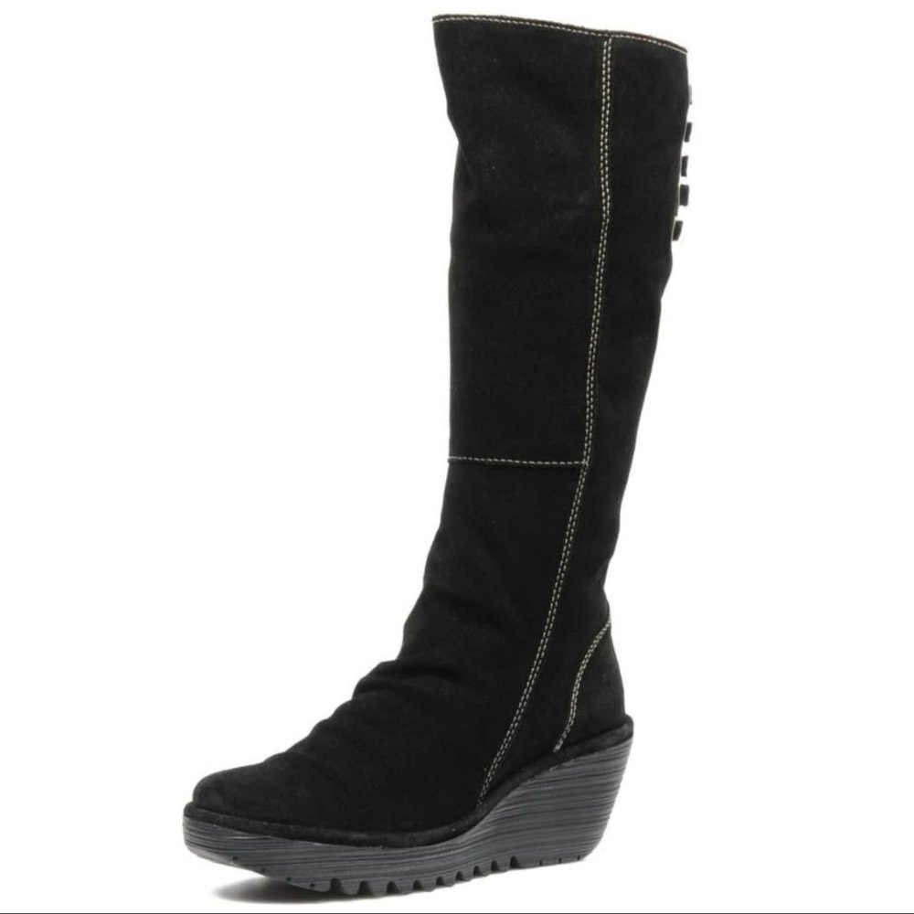 Fly London Yust Black Suede Knee High Boots